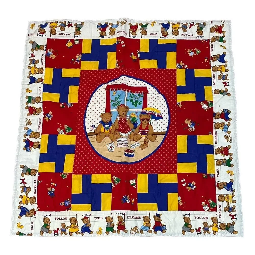 Multicolor Baby Bear Blanket Square Patchwork Quilt Bordered